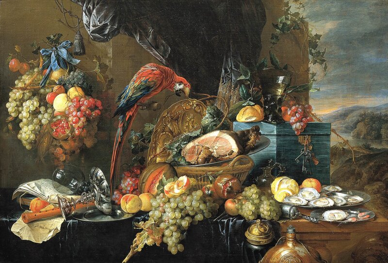 Still life with parrot and fruit