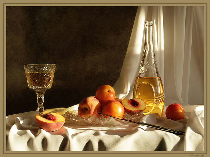 Still life with peaches and wine