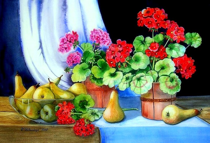Still Life with Pears and Flowers — Blue, Calm