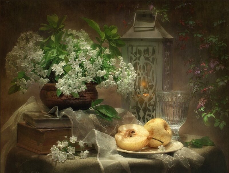 Still Life with Pears and Flowers — Brown