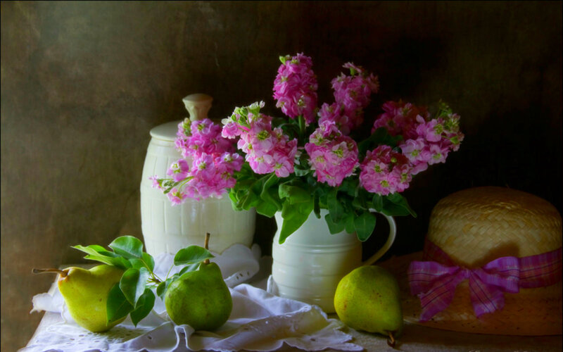 Still Life with Pears and Flowers — Pink