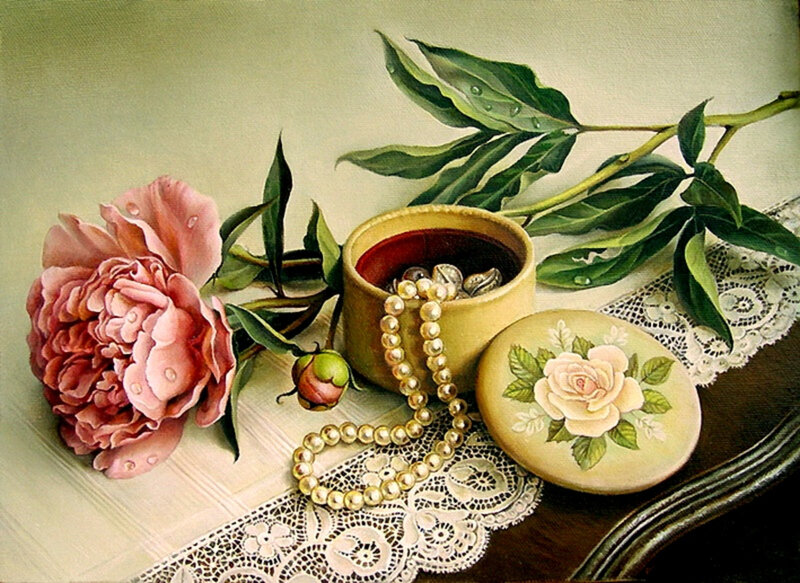 Still life with peony and pearls
