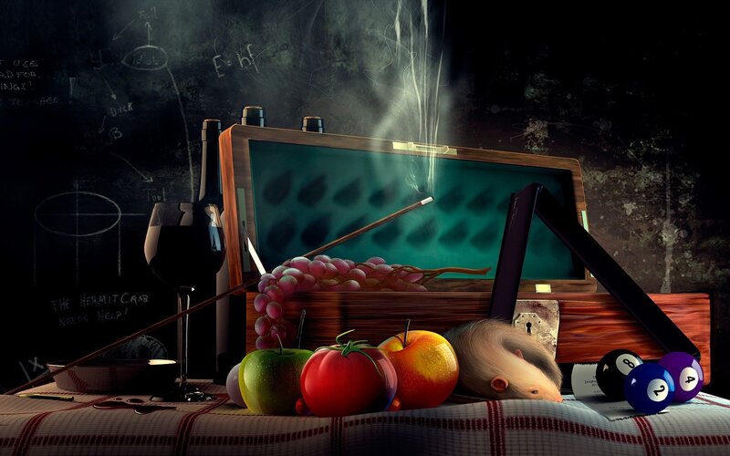 Still life with pool table and animals