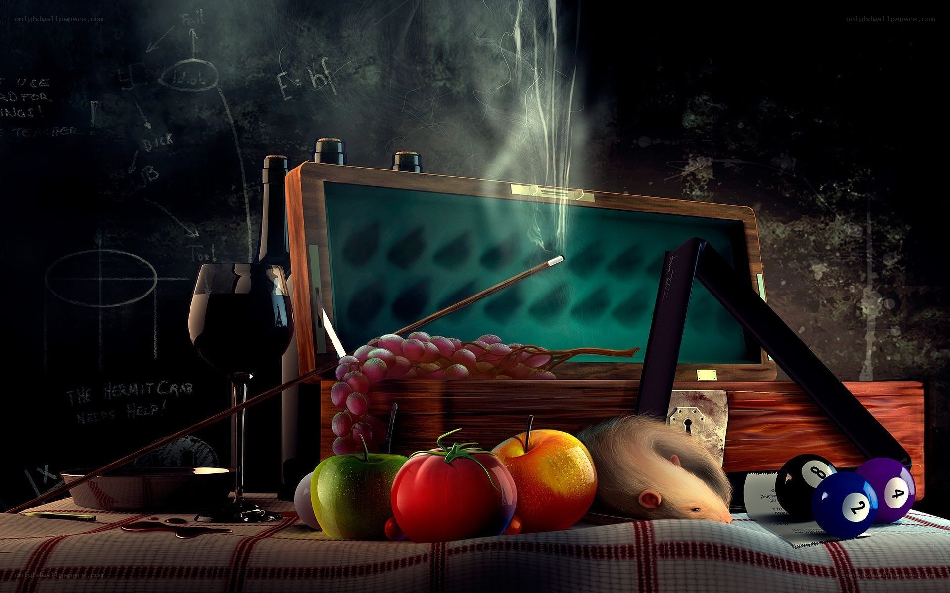 Still life with pool table and animals