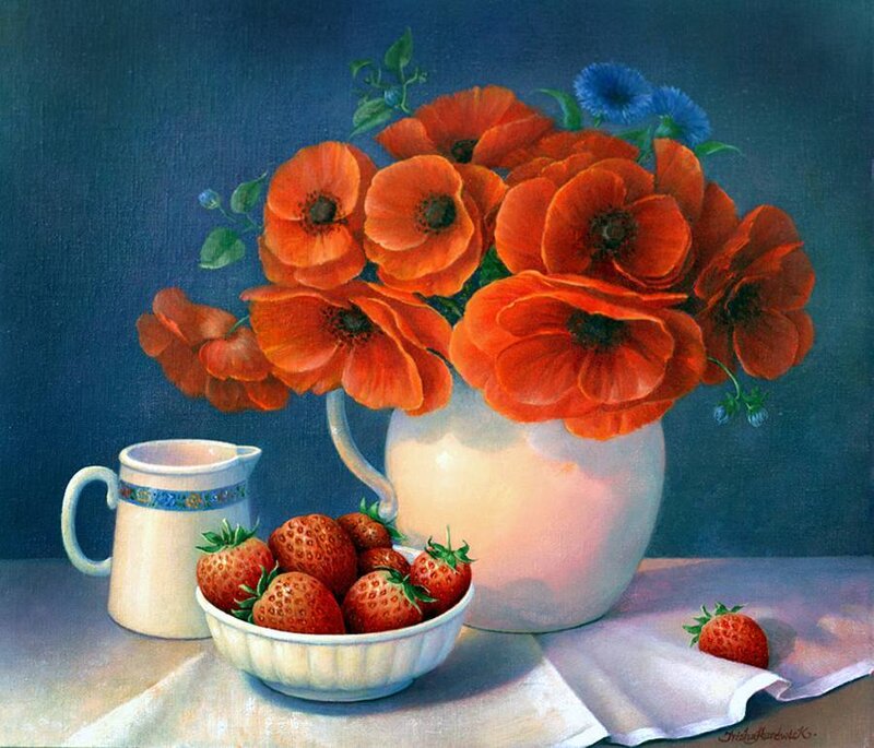 Still life with poppies and strawberries