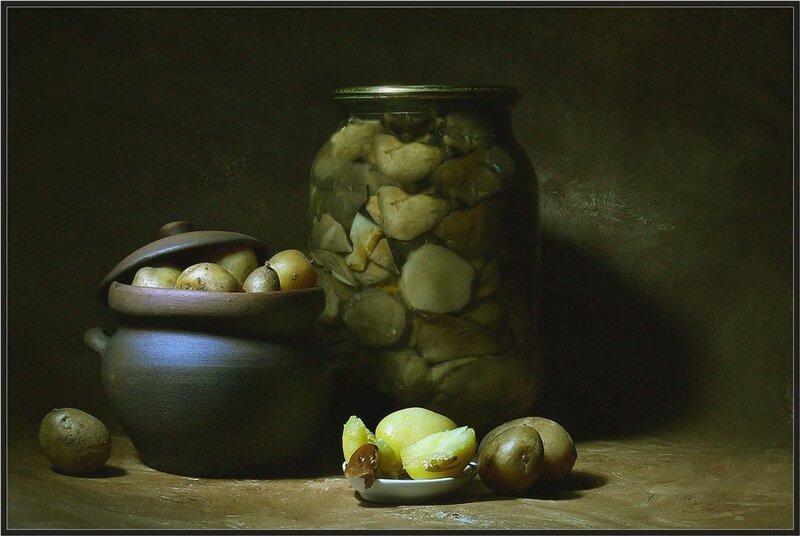 Still life with potatoes and mushrooms