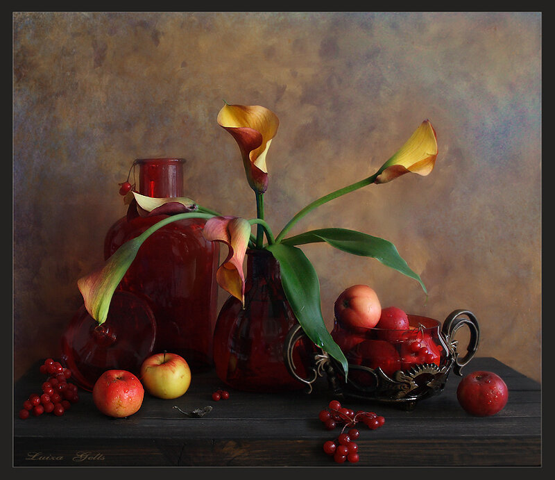 still life with red glass and fruit