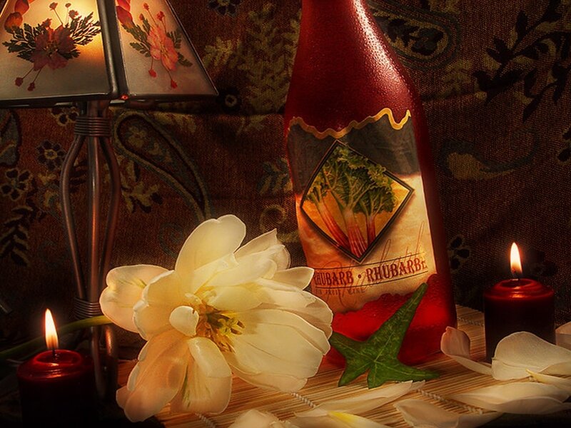 Still life with rhubarb bottle