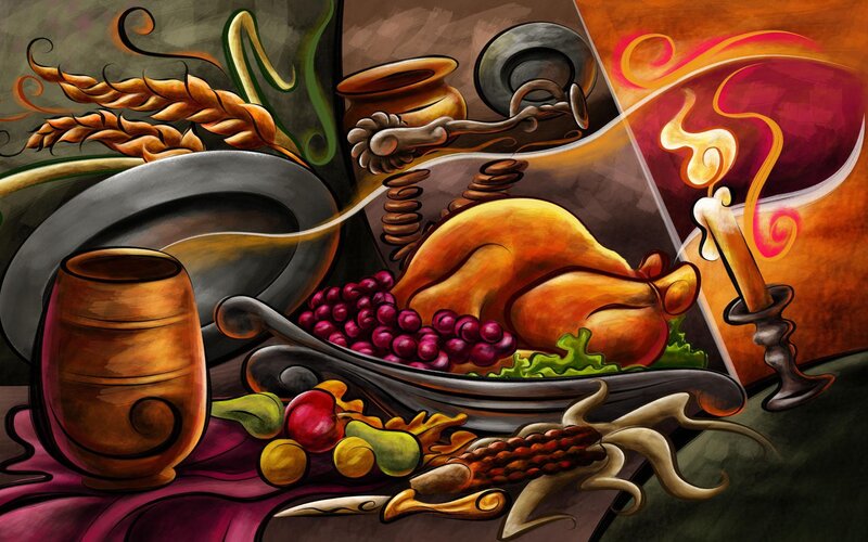 Still life with roasted chicken