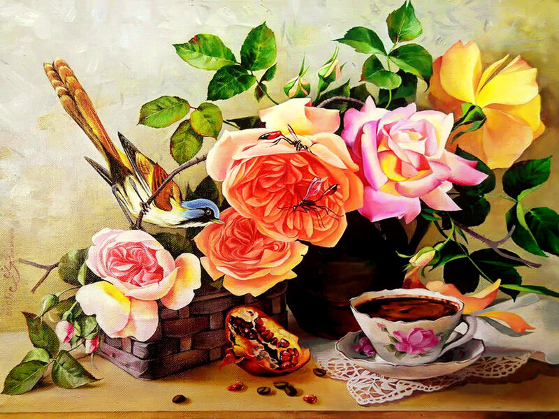 Still Life with Roses and Bird — Pink