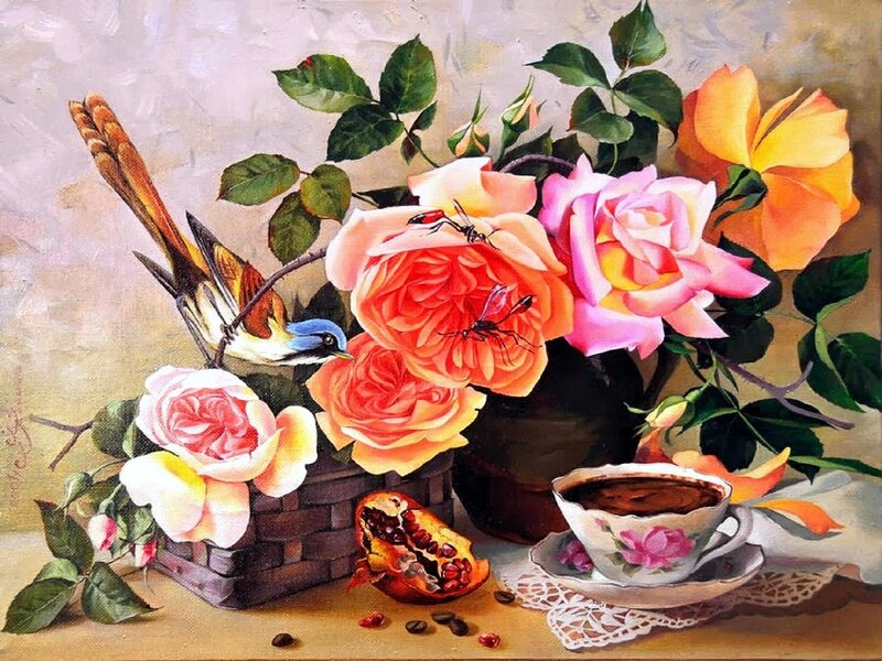 Still Life with Roses and Bird