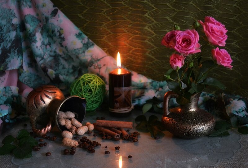 Still Life with Roses and Candle — Pink