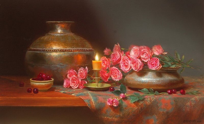 Still Life with Roses and Candle — Red, Dramatic