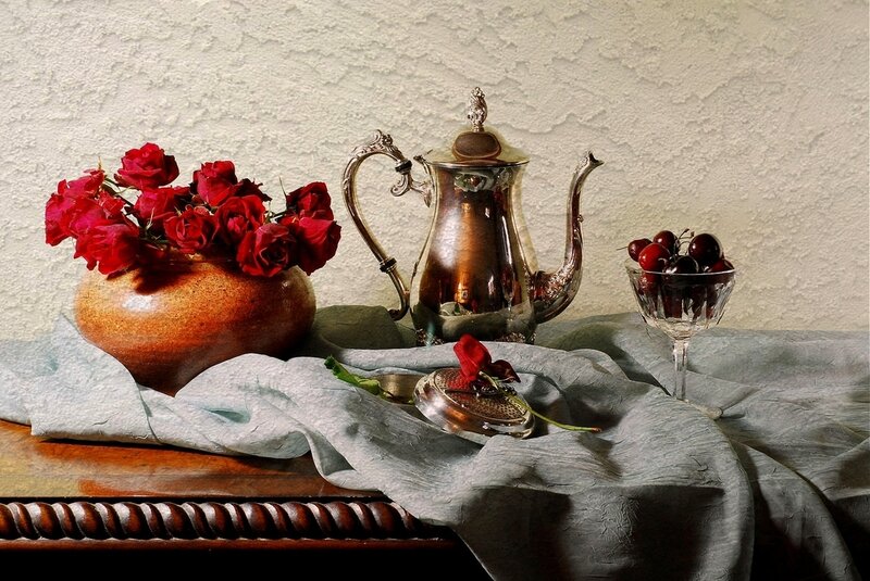 Still Life with Roses and Cherries — Red