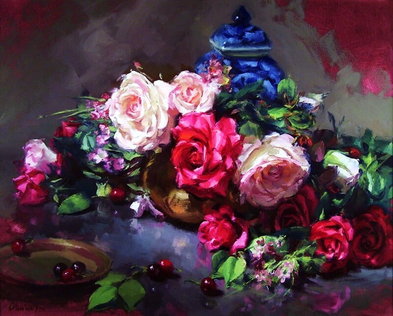 Still life with roses and cherries