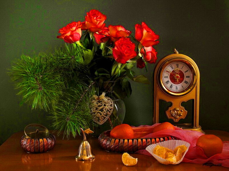 Still Life with Roses and Clock