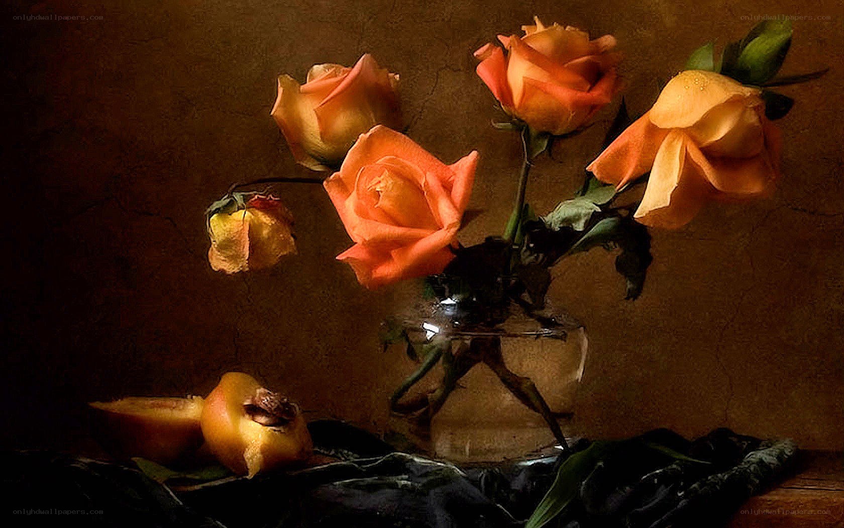 Still life with roses and fruit