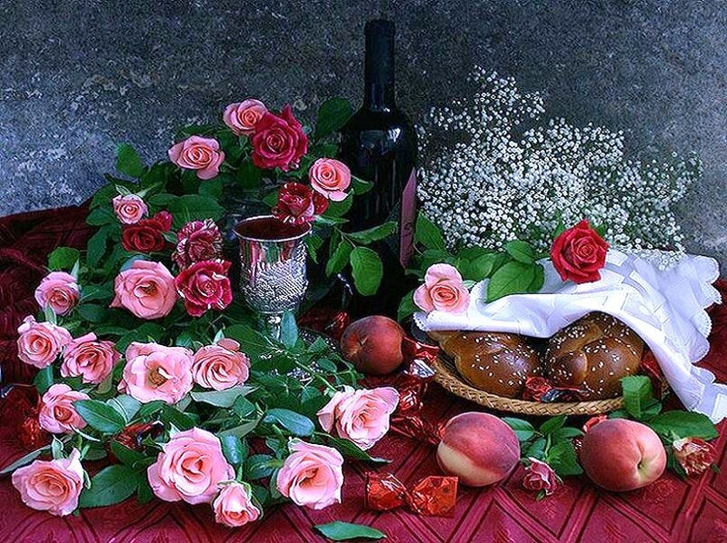 Still life with roses and fruit