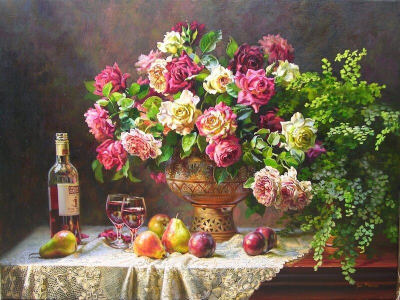 Still life with roses and fruit