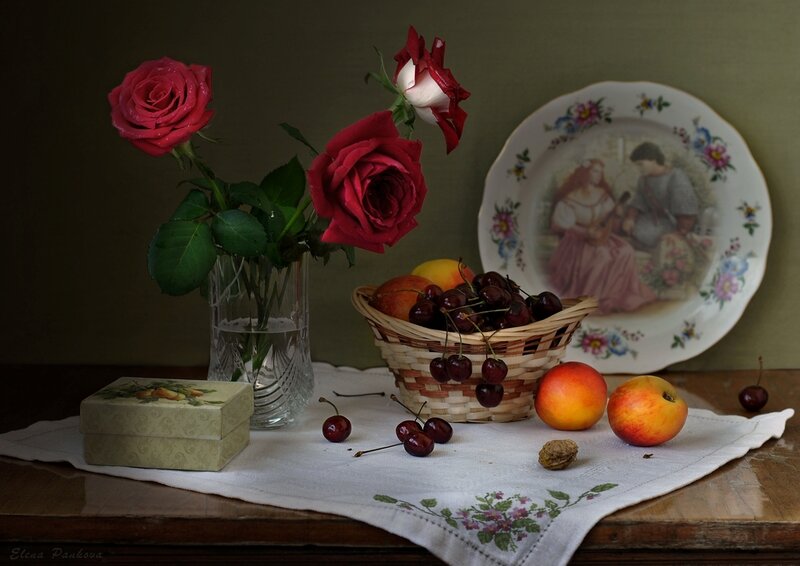 Still Life with Roses and Fruit — Red, Calm