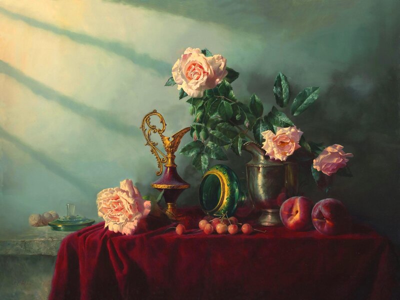 Still Life with Roses and Fruit — Red, Dramatic