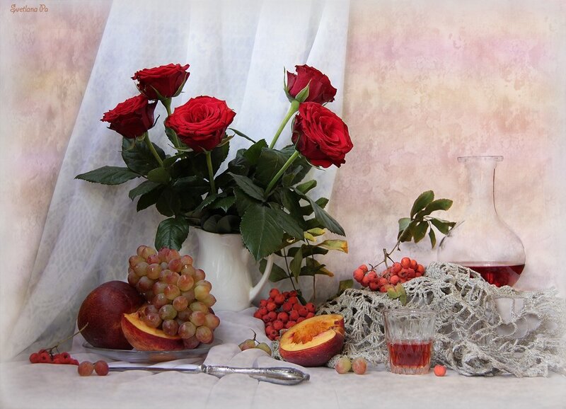 Still Life with Roses and Fruit — Red