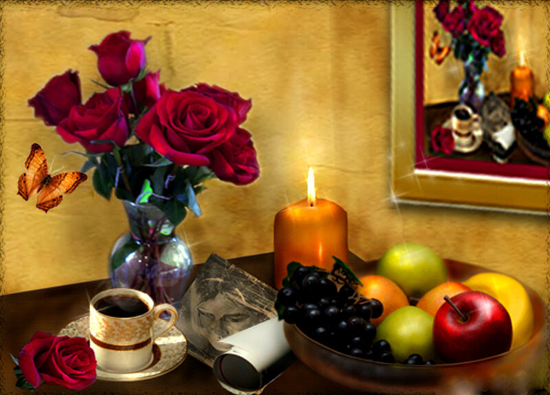 Still Life with Roses and Fruit — Red, Warm
