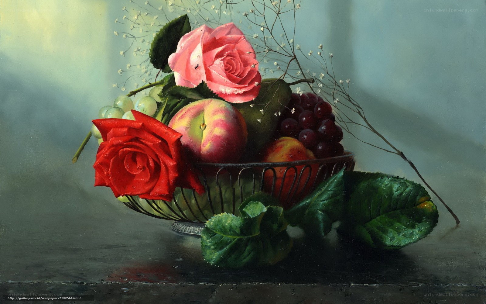 Still life with roses and fruit