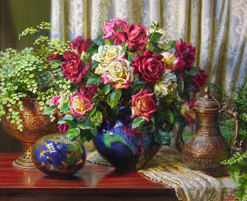 Still life with roses and vases