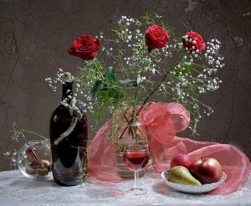Still Life with Roses and Wine — Red