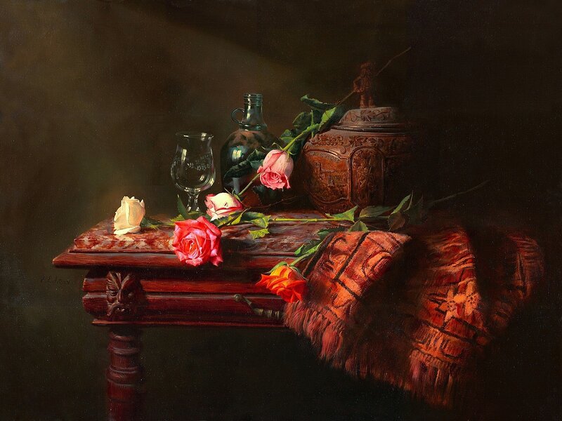 Still Life with Roses — Brown, Dramatic