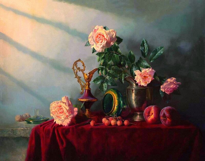 Still Life with Roses — Red, Dramatic, Painting, Peaches
