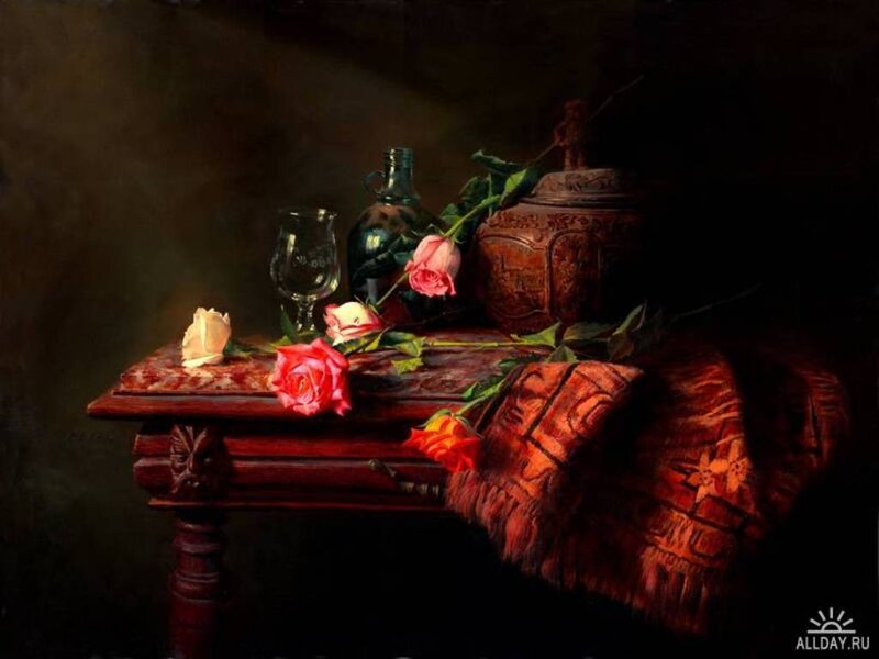 Still Life with Roses — Red, Dramatic, Painting