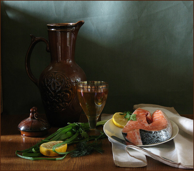 Still life with salmon and pitcher