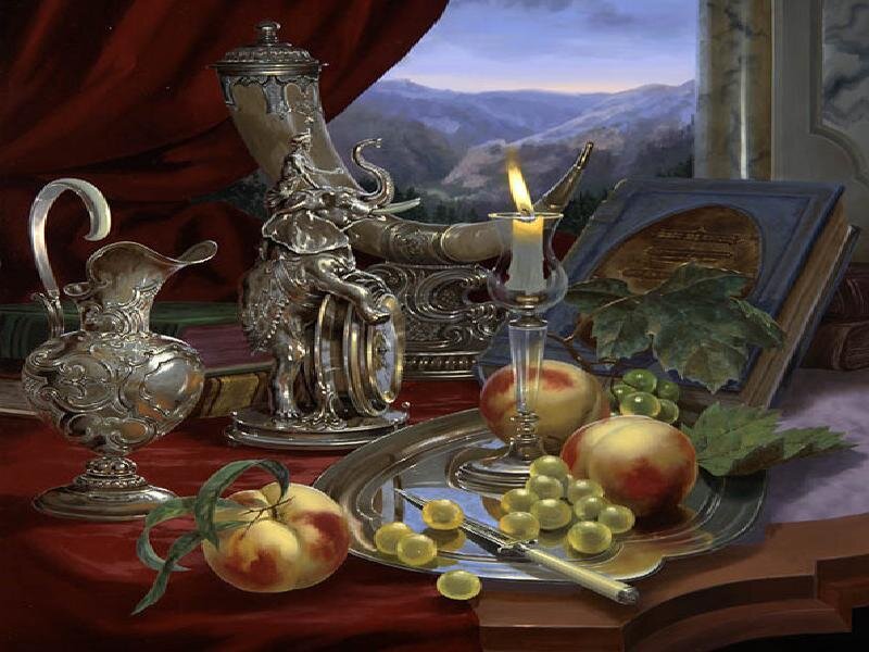 Still life with silver and fruit