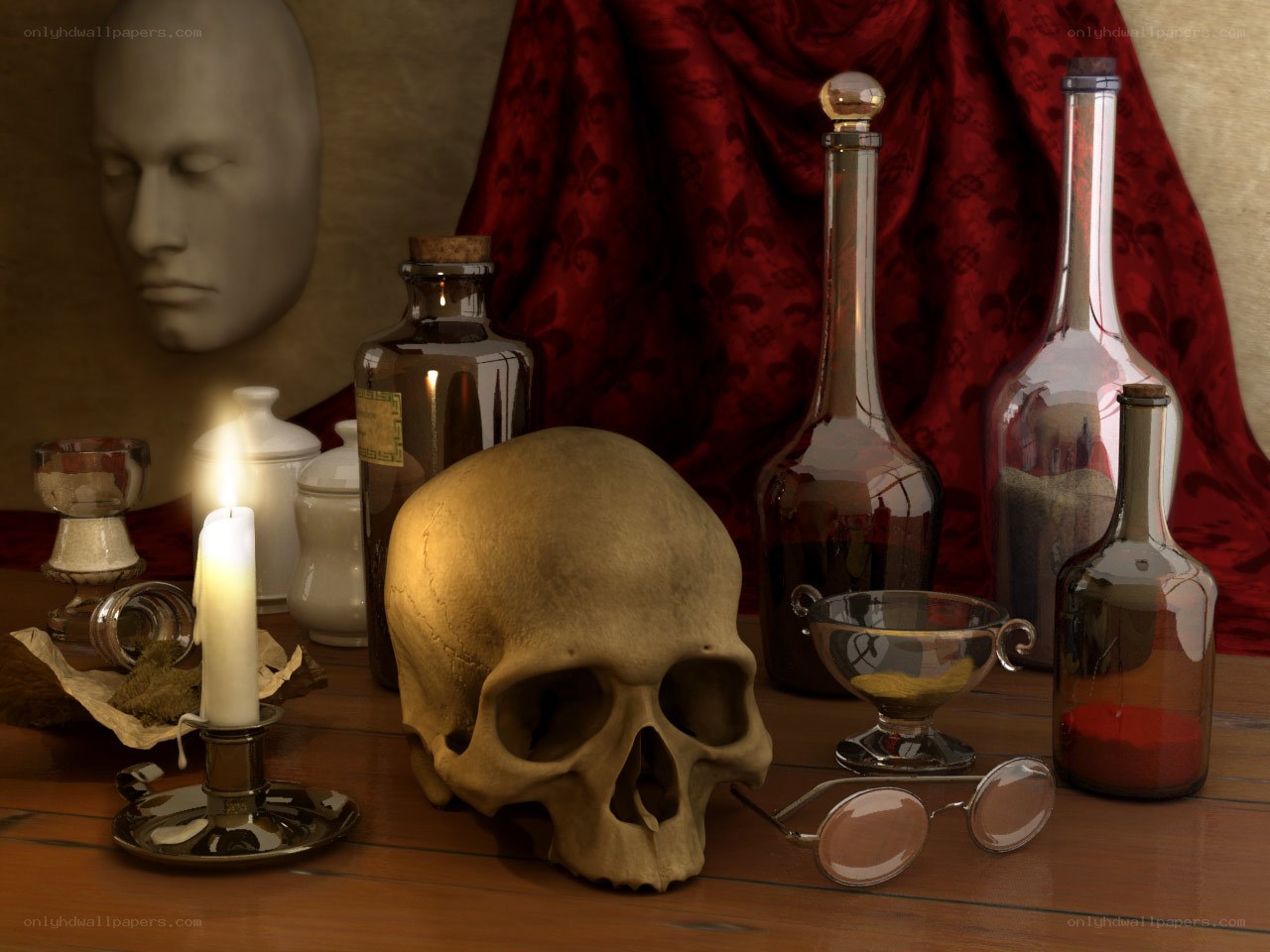 Still life with skull and bottles