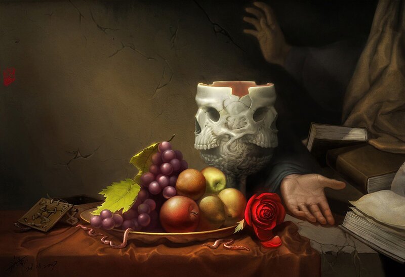 Still life with skull and fruit