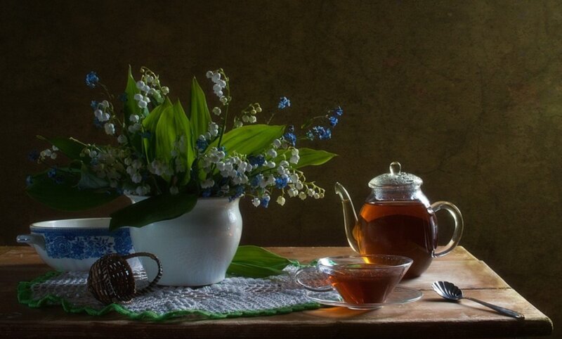 Still Life with Tea and Flowers — Brown