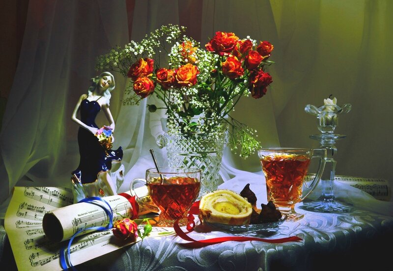 Still Life with Tea and Flowers — Red