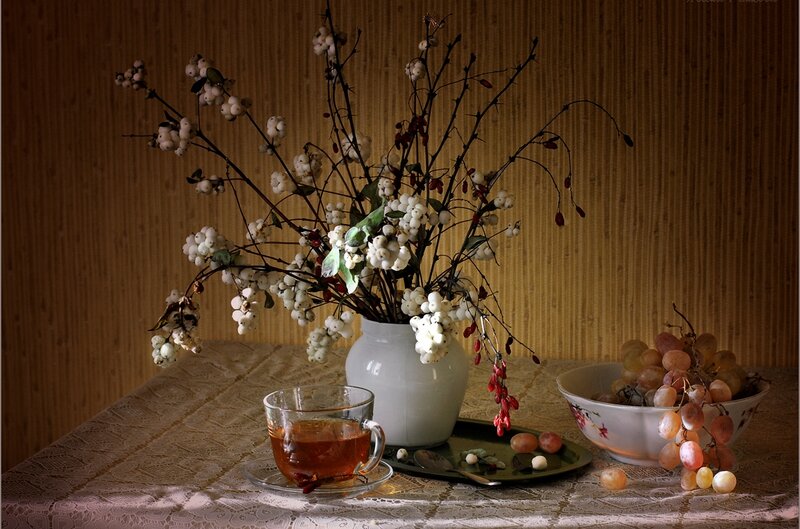 Still Life with Tea and Fruit — Brown