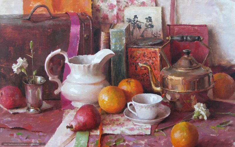 Still life with teapot and fruit