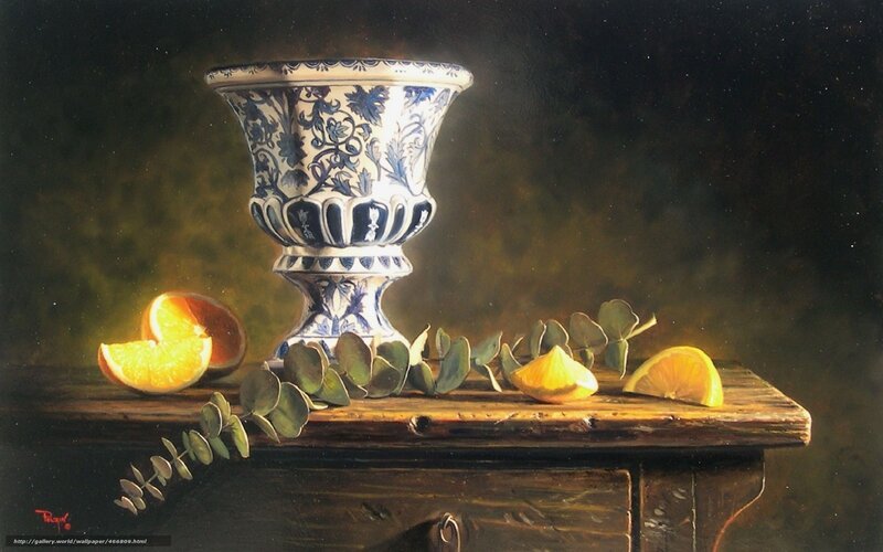 Still life with vase and citrus