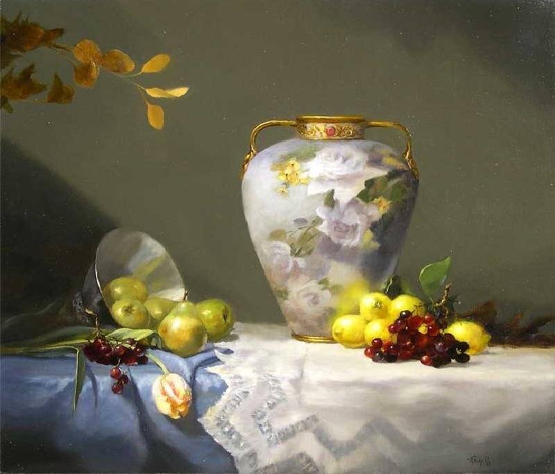 Still life with vase and fruit