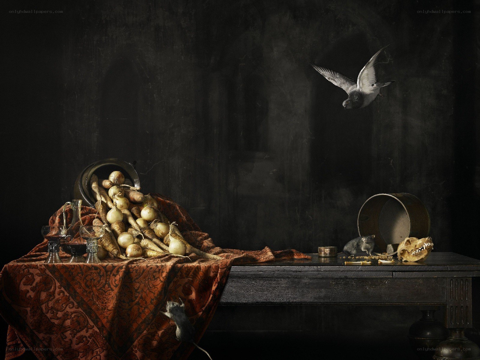 Still life with vegetables and animals