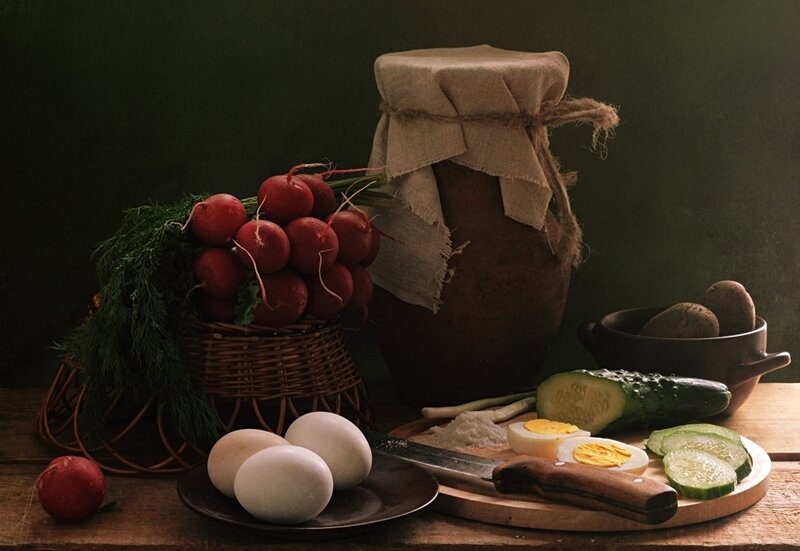 Still life with vegetables and eggs