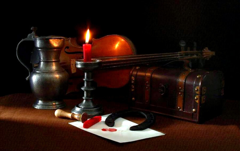 Still life with violin and candle