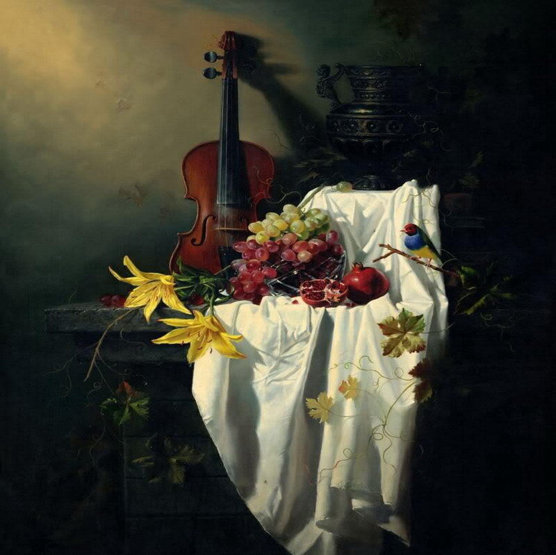 Still life with violin and fruit