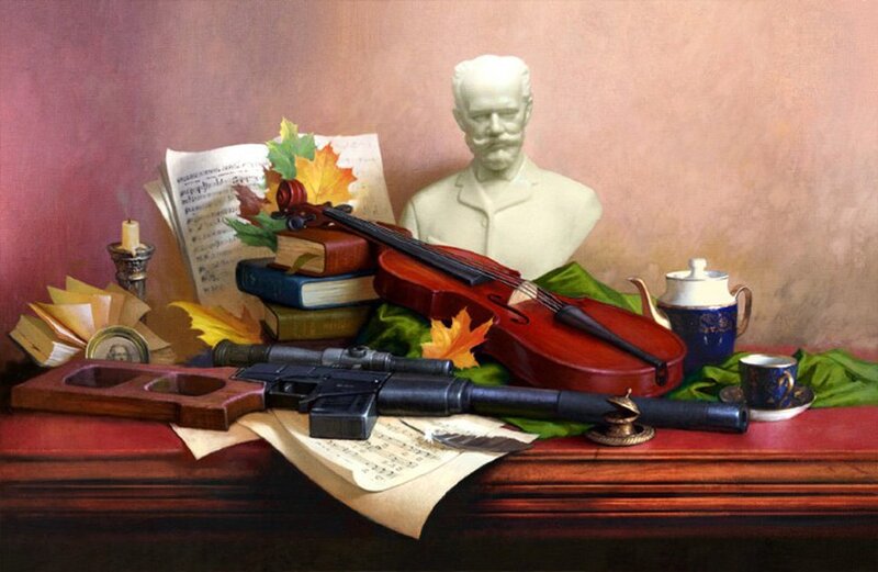 Still life with violin and rifle