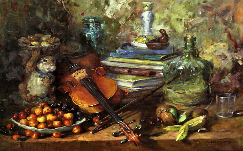 Still Life with Violin — Brown, Calm, Painting