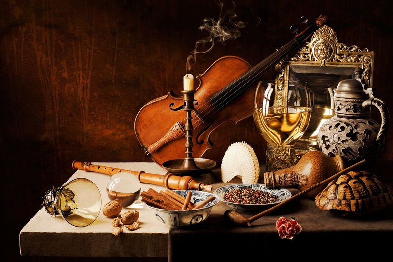 Still Life with Violin — Brown, Dramatic, Photograph, Candle